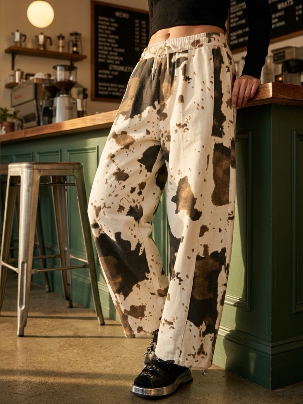 BNWT DAVI & DANI Cow Print Wide-Leg Drawstring Hem Pants